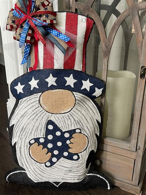 Patriotic Gnome Burlap Door Hanger Memorial Day 4th July Etsy