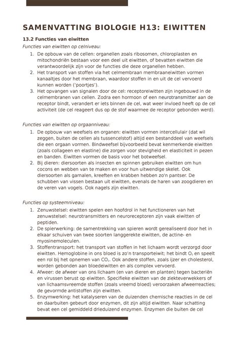 Samenvatting Biologie H13 SAMENVATTING BIOLOGIE H13 EIWITTEN 13