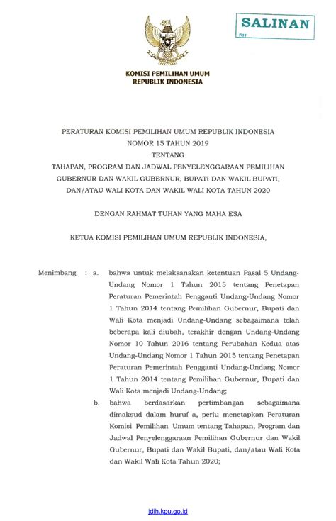 PKPU 15 THN 2019 TPJ Pilkada 2019 2 Mengingat Undang Undang Nomor