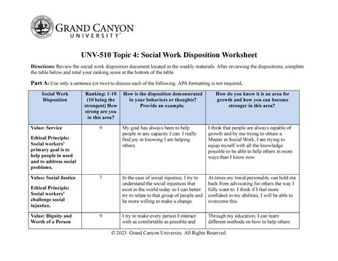 Unv Social Work Disposition Worksheet Unv Topic Social