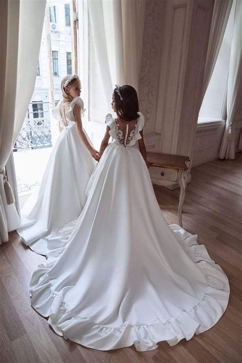 3107 Satin Dress with Flared sleeves | First communion dresses, Girls ...