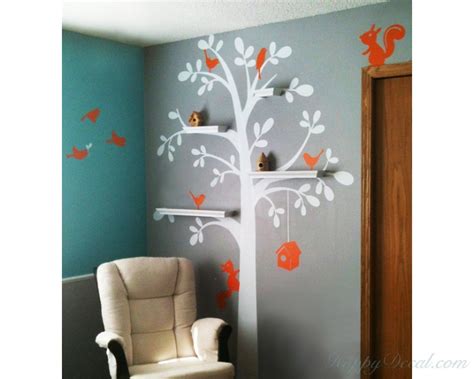 Tree With Birds Cage And Squirrel Wall Decal Can Install Shelves