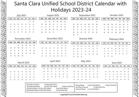 Santa Clara Unified School District Calendar with Holidays 2023-24