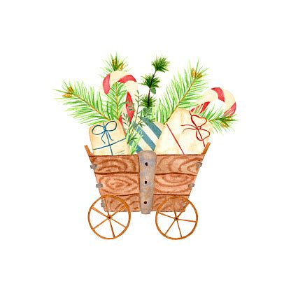 Christmas Cart With Gifts And Candies Watercolor Wooden Cart With Lollipop Sticks And Christmas ...