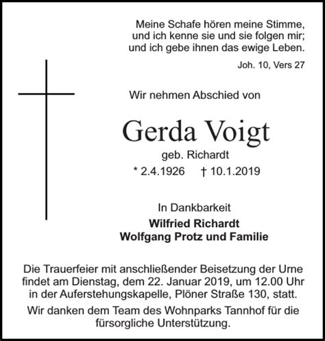 Traueranzeigen Von Gerda Voigt Sh Z Trauer