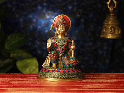 Brass Hanuman Statue With Stone Work 18 Cm Small Brass Blessing Lord