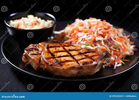 Grilled Pork Chops With A Side Of Coleslaw On A Black Plate Stock Image Image Of Grilled