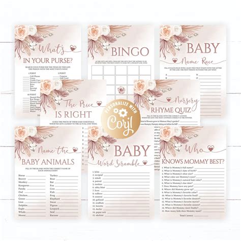 Boho Baby Shower Games Package 8 Printable Pink Boho Baby Shower Games