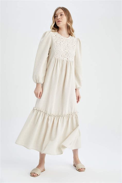 Beige Woman A Line Crew Neck Linen Blend Long Balloon Sleeve Maxi Dress