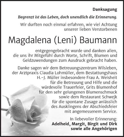 Traueranzeigen Von Magdalena Baumann Abschied Nehmen De