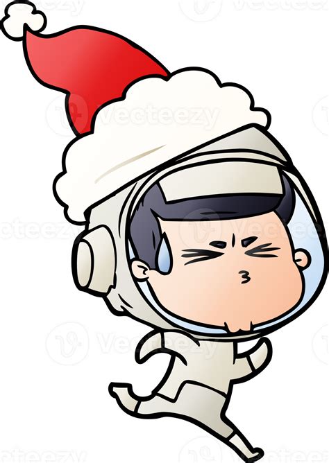 Hand Drawn Gradient Cartoon Of A Stressed Astronaut Wearing Santa Hat