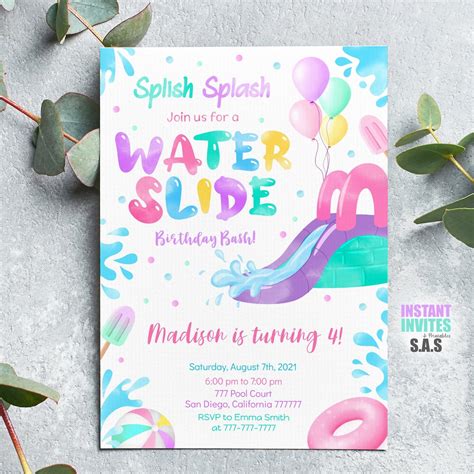 Water Slide Invitation Water Slide Invites Instant Download Etsy