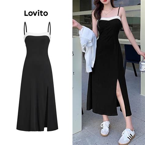 Lovito Casual Vestido Feminino Liso Colorblock L71ED132 Preto