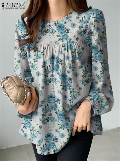 Casual Floral Printed Holiday Tops ZANZEA Stylish Long Sleeve Blouse