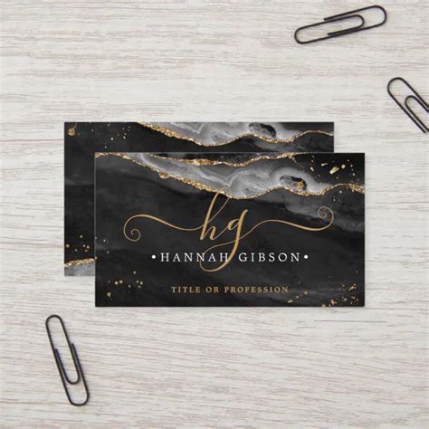 Black Agate Script Monogram Faux Gold Glitter Business Card Zazzle