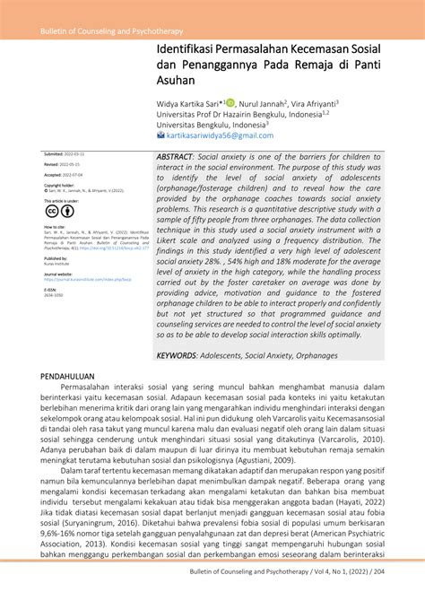 PDF Identifikasi Permasalahan Kecemasan Sosial Dan Penanggannya Pada