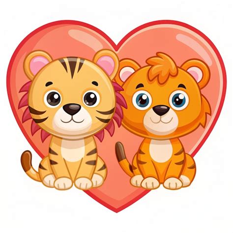 Cute Lion And Tiger Couple With Love Heart Tail Cartoon Vector Icon