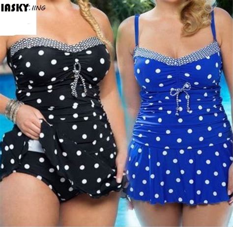 Iasky 2017 New Plus Size Two Piece Swimsuit Women Vintage Print Polka Dot Swimwear Dress Bathing