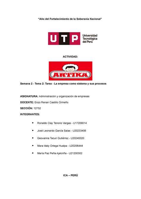 Semana Tema Tarea La Empresa Como Sistema Y Sus Procesos A O