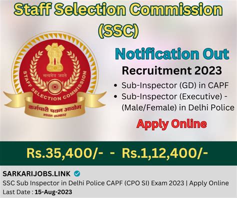 SSC Sub Inspector In Delhi Police CAPF CPO SI Exam 2023 Apply Online