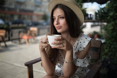 Wallpaper Brunette Women Outdoors Long Hair Face Portrait Bokeh Blue Eyes Minidress