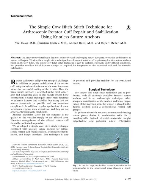 PDF The Simple Cow Hitch Stitch Technique For Arthroscopic Rotator