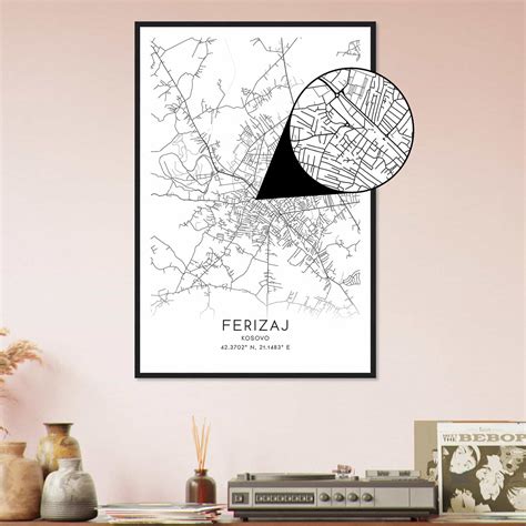 Ferizaj Kosovo Map Poster, Ferizaj City Road Wall Art Print - Custom Maps & Posters