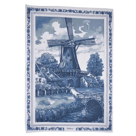 Keukentextiel Theedoek Delfts Blauw Molen Landschap Bloemenrand