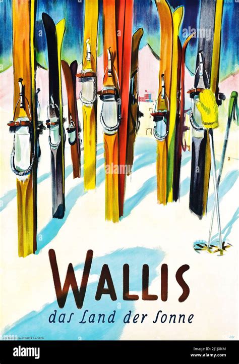 Vintage Reiseposter Wintersport Ski Wallis Das Land Der Sonne Das