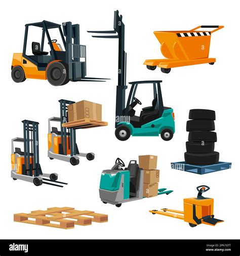 Various Forklifts In Warehouse Cartoon Illustration Set Stock Vector