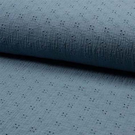 Double Gauze Broderie Dusty Blue De Stoffenschuur