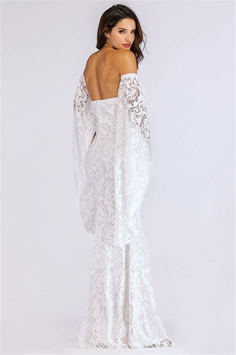 White Lace Maxi Dress With Off The Shoulder And Flare Sleeve