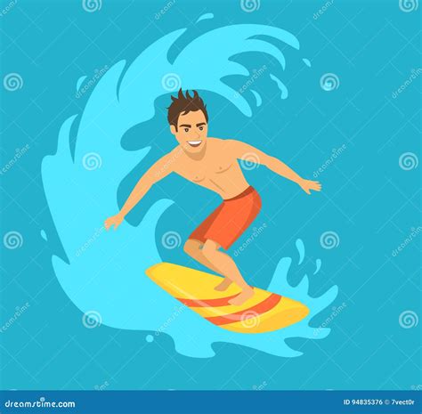 Male Surfer Cartoon Vector Color Illustration