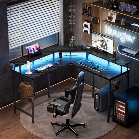 Huuger L Shaped Gaming Desk With Power Outlets And Led Lights Computer