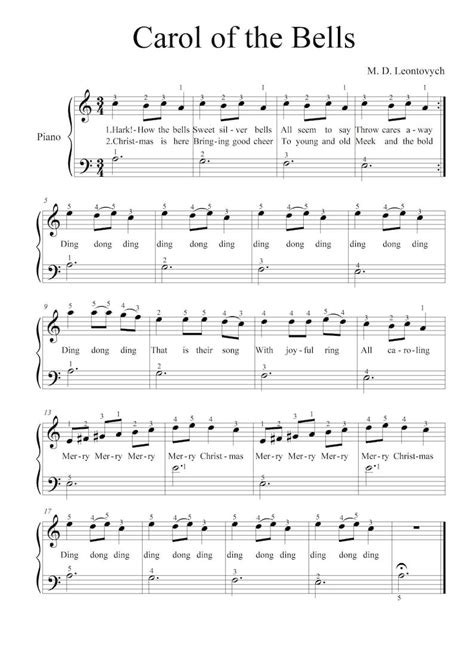 Carol Of The Bells Very Easy Piano Sheets Digital Download With Lyrics