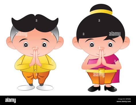 Thai Bubble Head Boy And Girl Is Greeting In Called Sawasdeein Cartoon