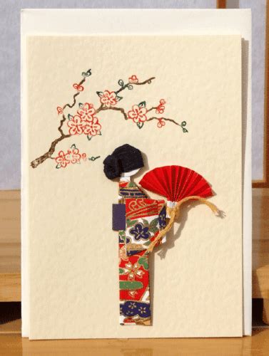 Greetings Card Handmade Geisha Holding Fan With Japanese Yuzen Washi