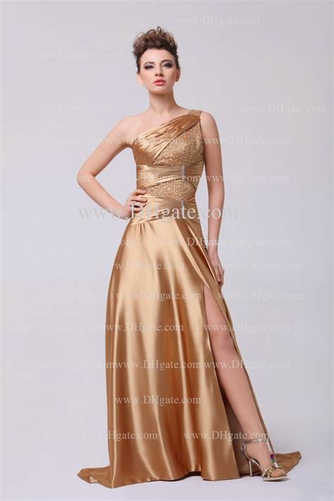 Golden Prom Dress Silk Like Satin One Shoulder Ruched Beaded Jewelry