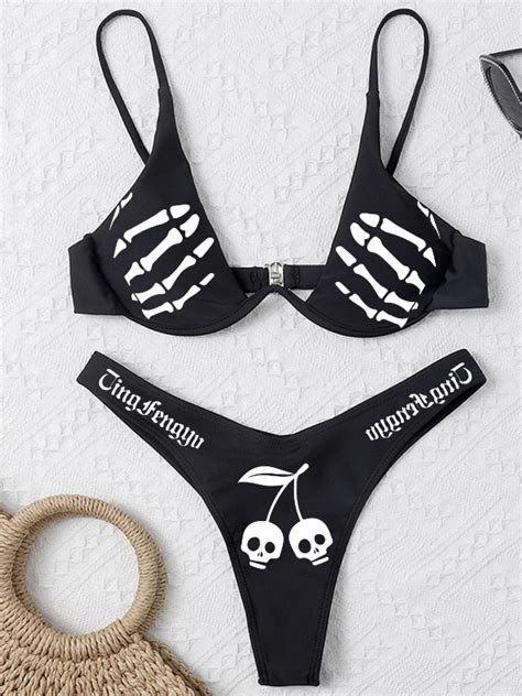 Skull Printed Push Up String Spaghetti Strap High Cut Triangle Bottom Two Piece Bikini Sets Swimwear