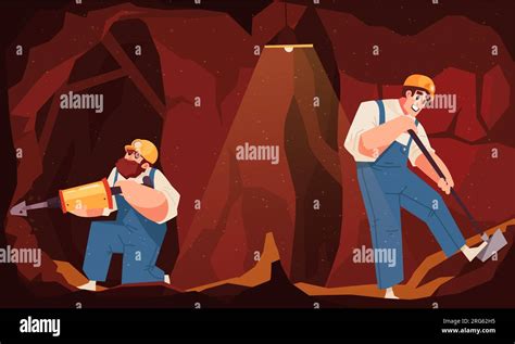 Colored flat mining composition two diggers dig different ways in the ...