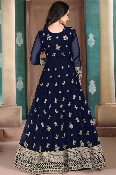 Georgette Anarkali Suit In Navy Blue With Georgette Uk As2573