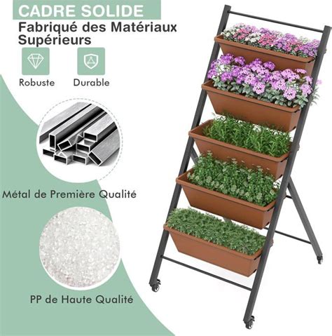 GOPLUS Jardinière avec roulettes Verticale avec 5 Pots Potager