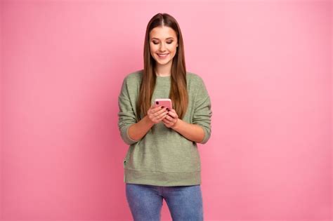 Premium Photo Portrait Of Positive Cheerful Girl Use Smartphone