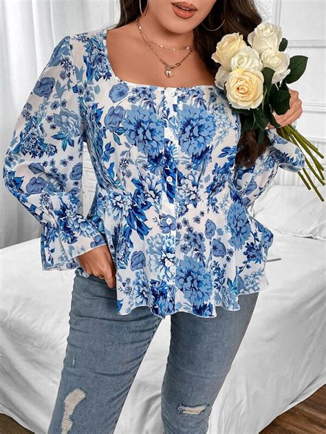 Shein Frenchy Plus Floral Print Flounce Sleeve Peplum Blouse Shein Usa