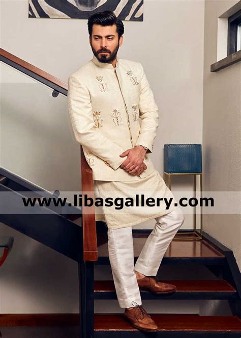 Ivory Wedding Groom Prince Suit With Embroidered Floral Spray Fawad Khan Standing On Steps High