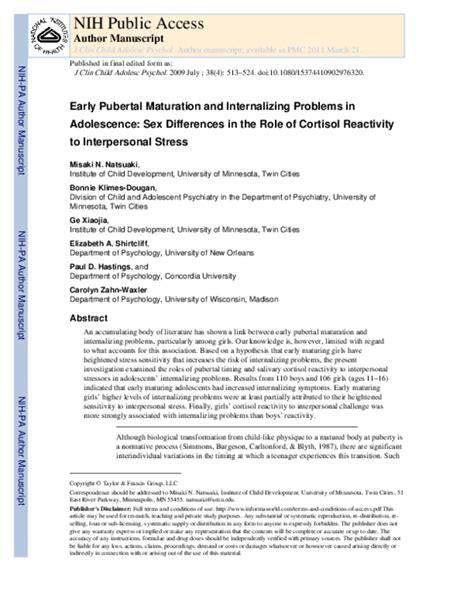 Pdf Early Pubertal Maturation And Internalizing Problems In