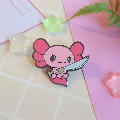 Cute Axolotl With Knife Hard Enamel Pin Funny Badge Kawaii Collectable