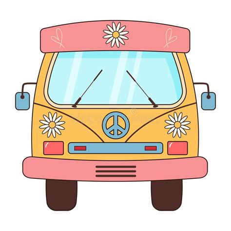 Hippie Vintage Bus Retro Car Hand Drawing Red Cartoon Bus With