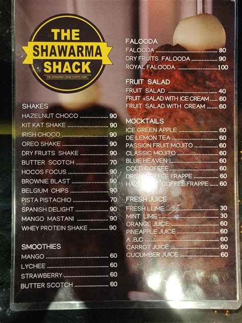 Menu at The Shawarma HUT, Chalakudy