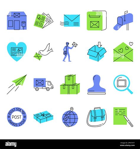 Postal Service Flat Icon Set Mail And Parcels Delivery Symbols Vector